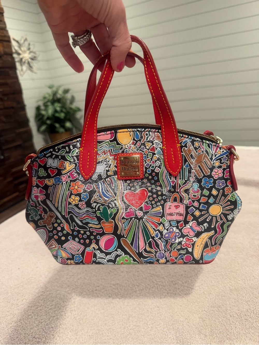 Dooney & Bourke Multicolor Doodle Satchel with Red Handles